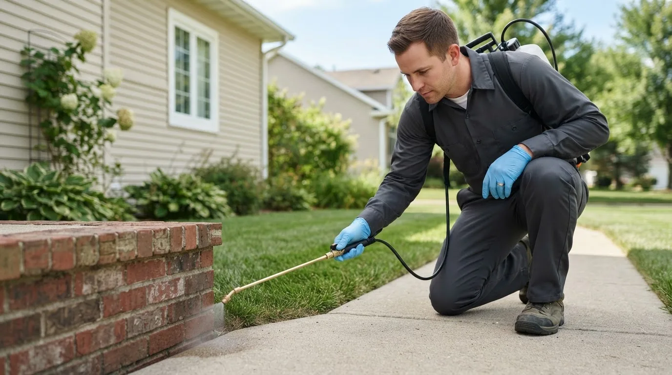 Pest control technician treating a home near Montpelier, OH