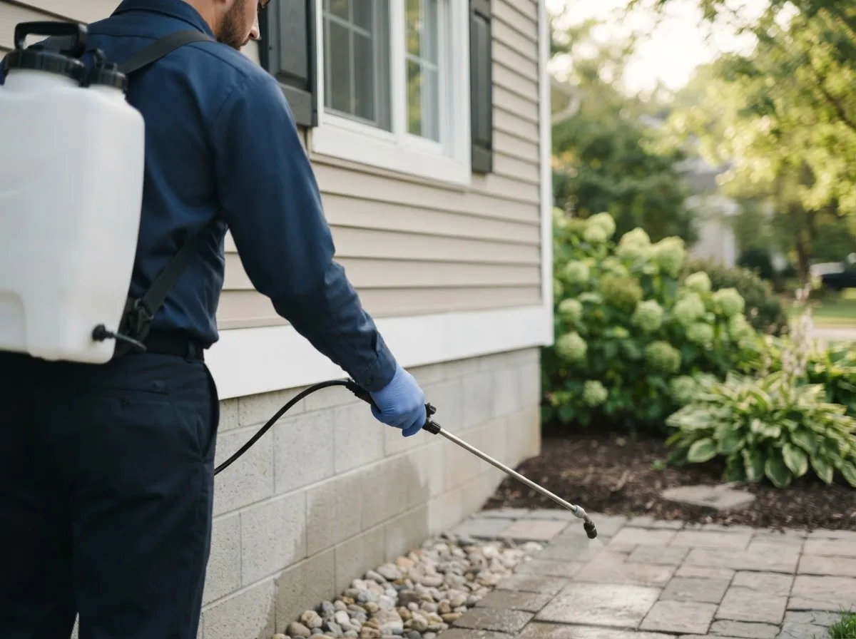 Pest control technician inspecting a home in Montpelier, OH